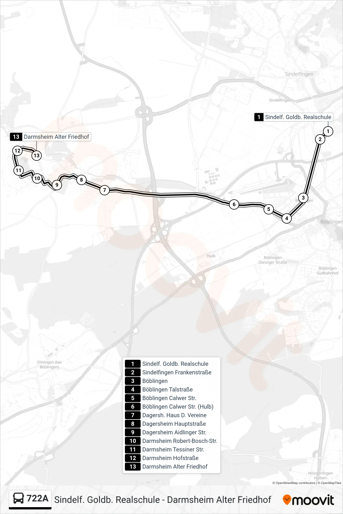 722A bus Line (Darmsheim Alter Friedhof) route and stops on a map