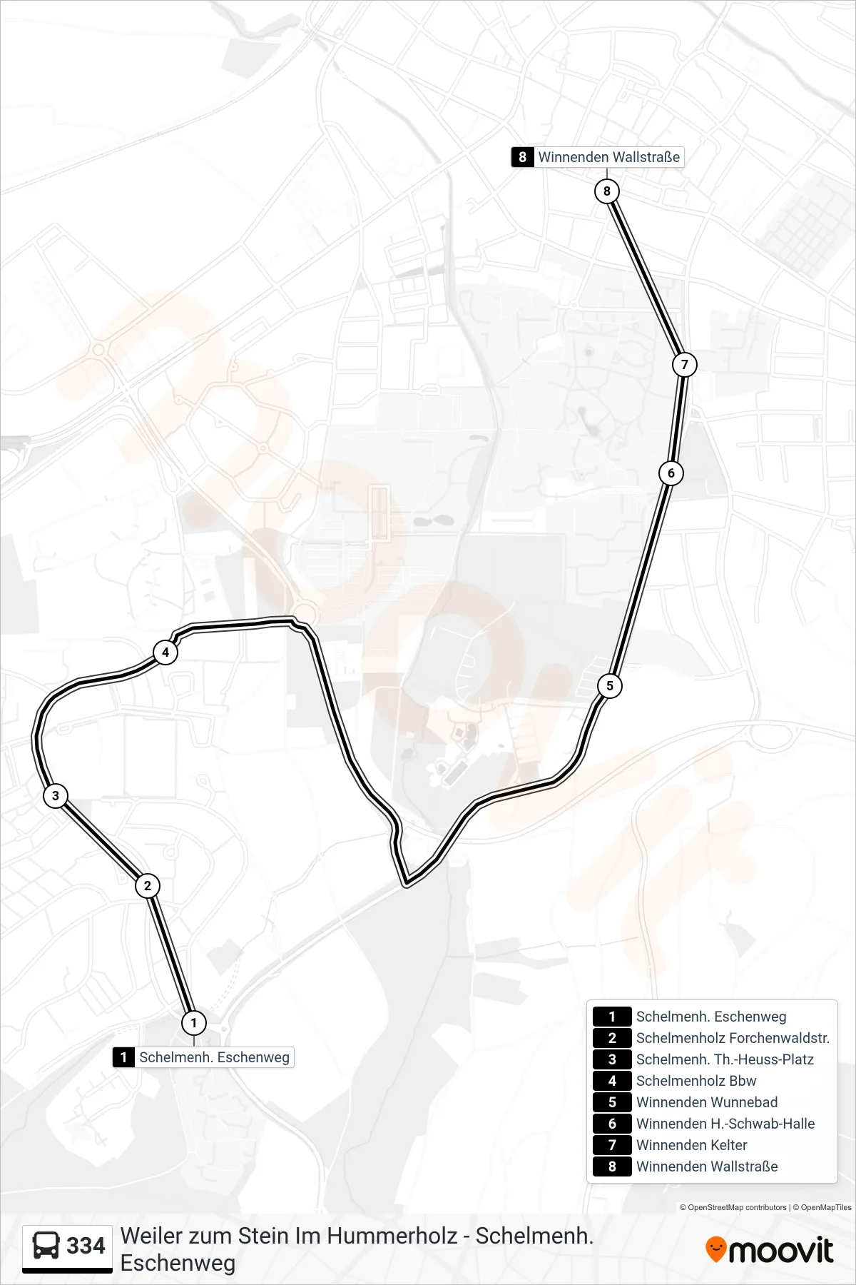 334 bus Line (Winnenden Wallstraße) route and stops on a map