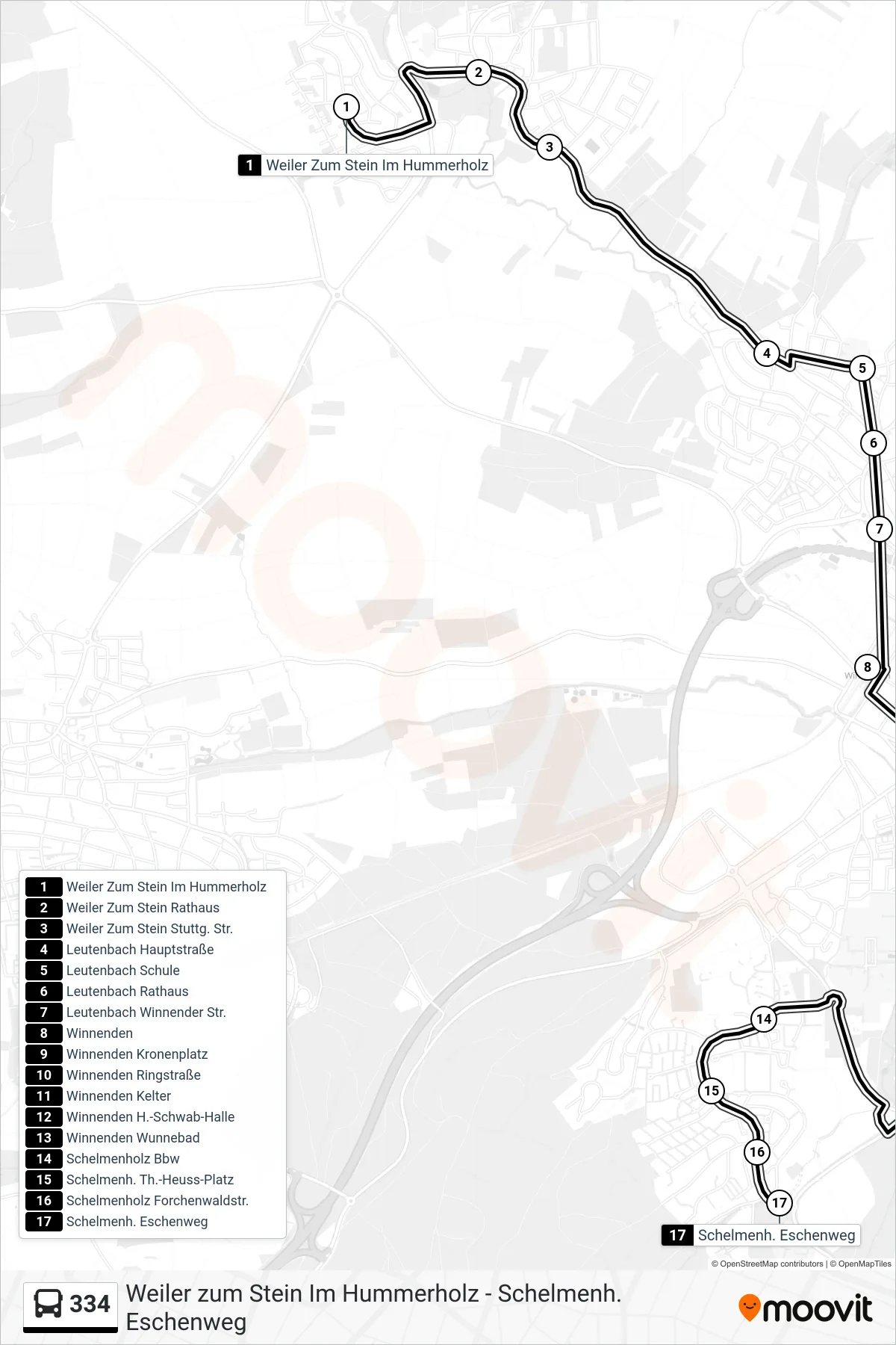 334 bus Line (Schelmenh. Eschenweg) route and stops on a map