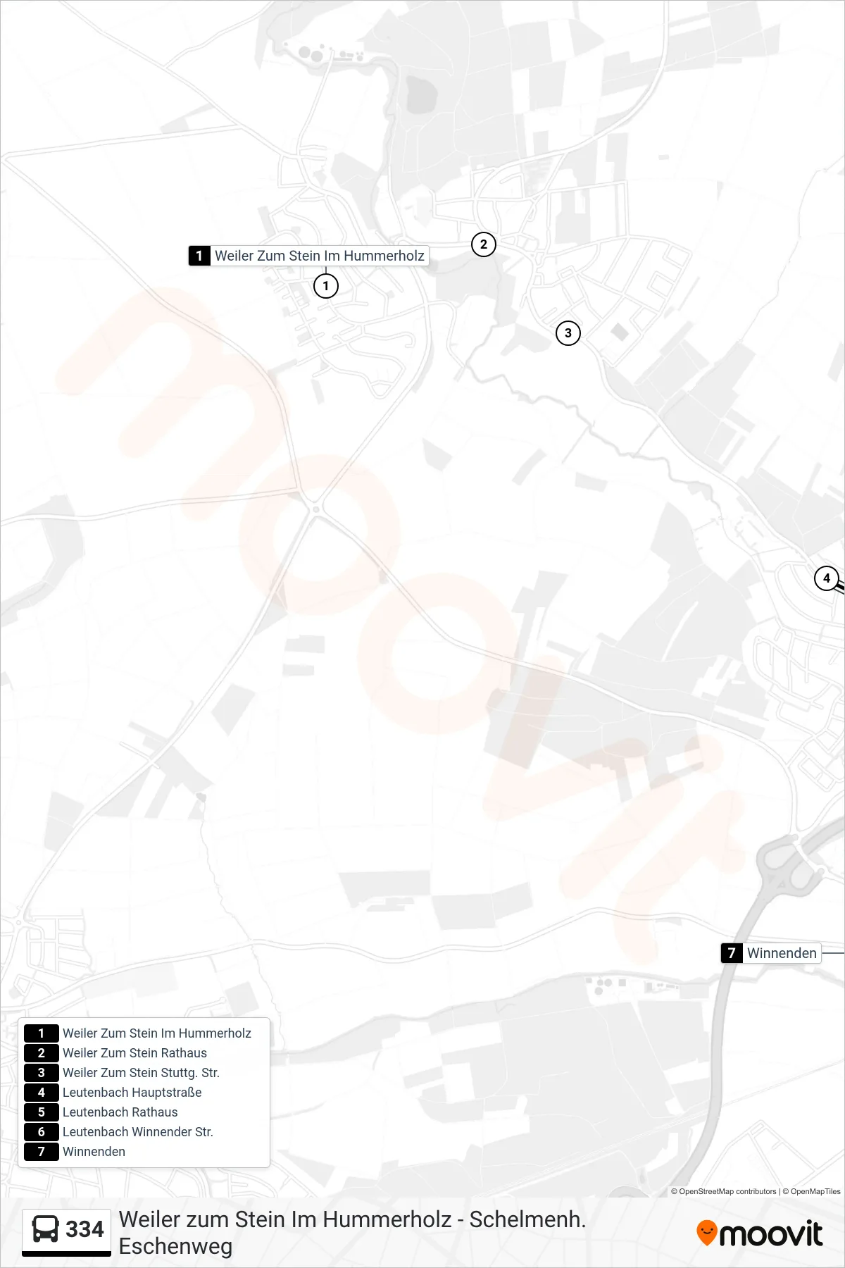 334 bus Line (Winnenden) route and stops on a map