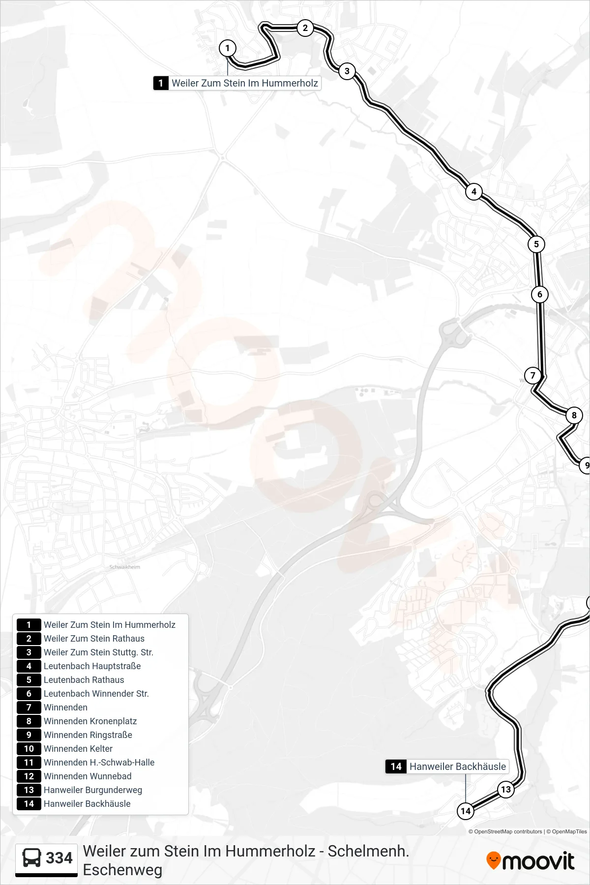 334 bus Line (Hanweiler Backhäusle) route and stops on a map