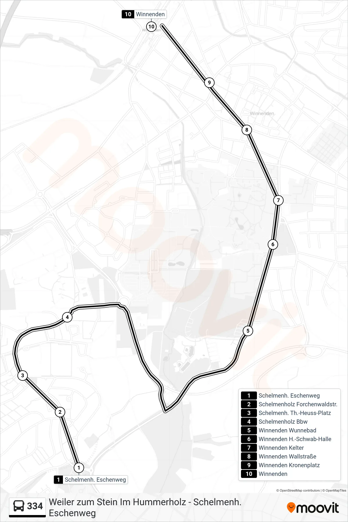 334 bus Line (Winnenden) route and stops on a map