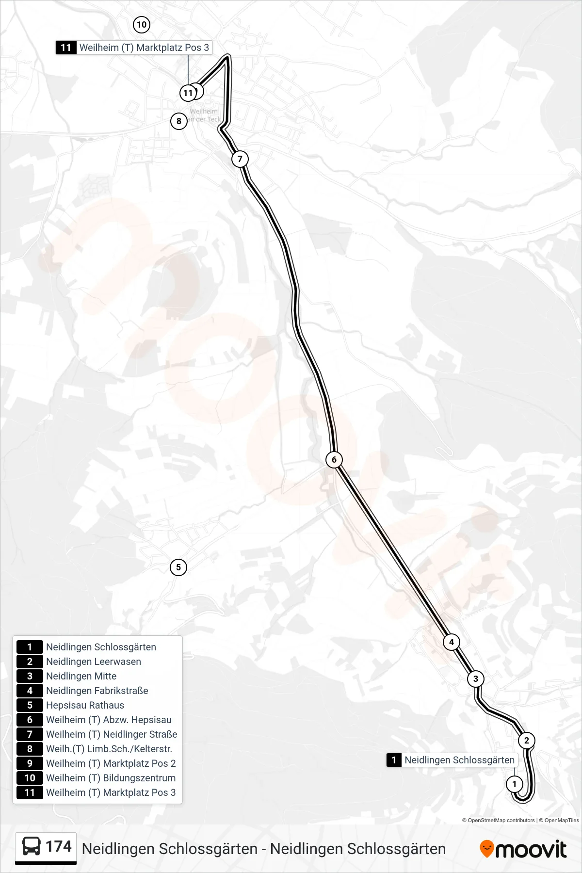 Linie 174 (Bus) Richtung Weilheim (T) Marktplatz: Route und Haltestellen auf der Karte