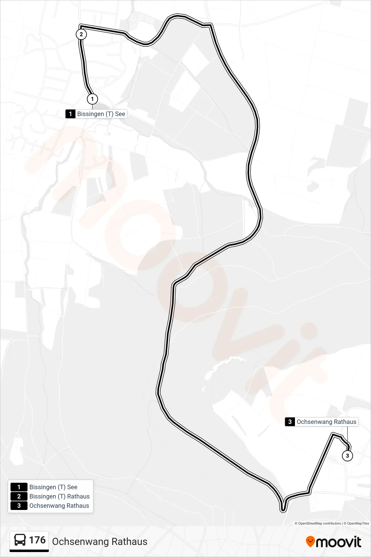 176 bus Line (Ochsenwang Rathaus) route and stops on a map