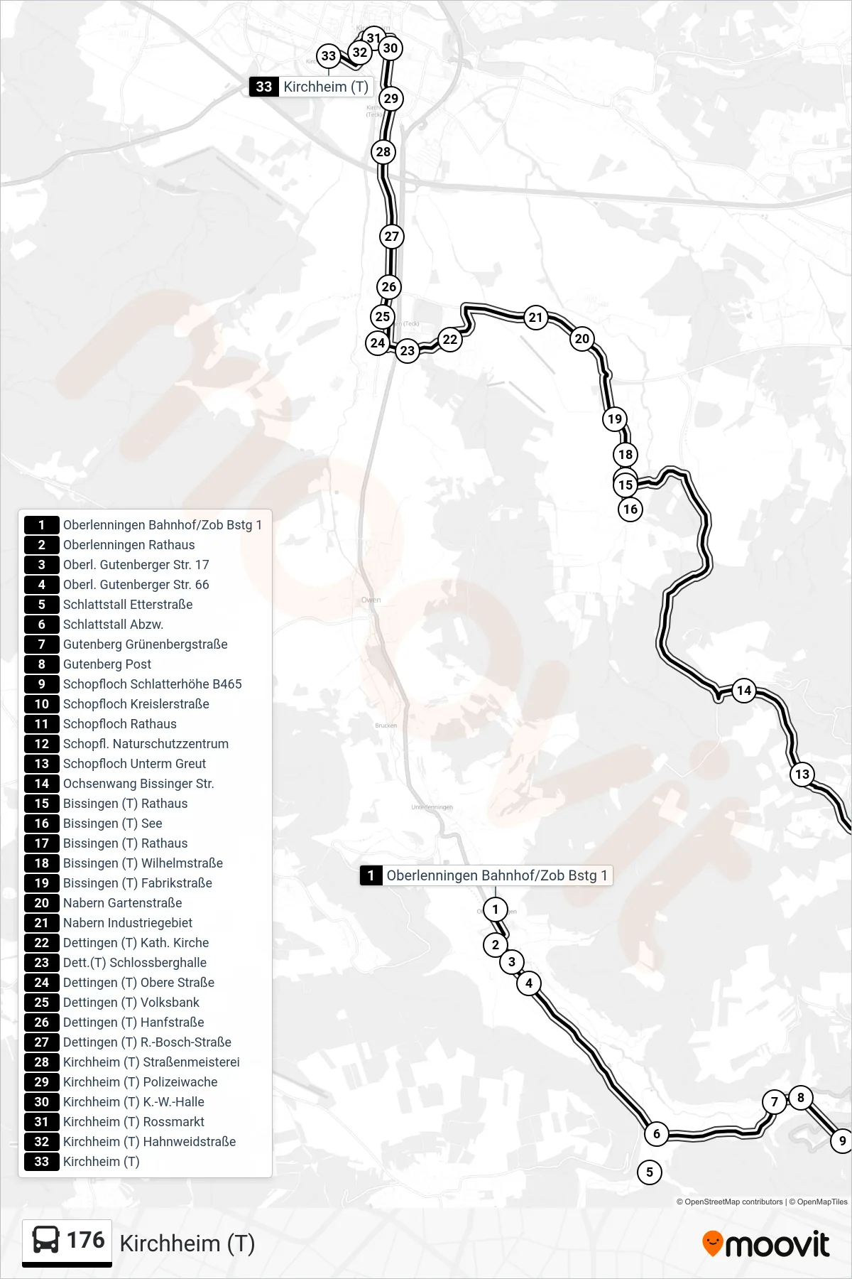 176 bus Line (Kirchheim (T)) route and stops on a map