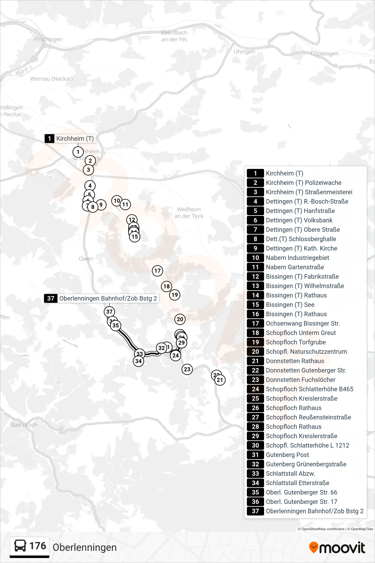 176 bus Line (Oberlenningen) route and stops on a map