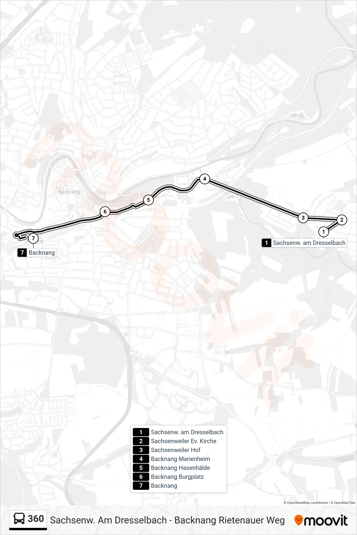 360 bus Line (Backnang) route and stops on a map