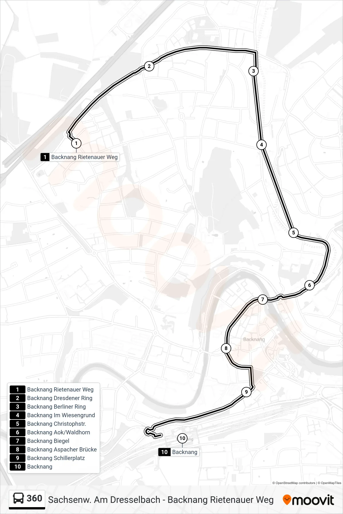 360 bus Line (Backnang) route and stops on a map