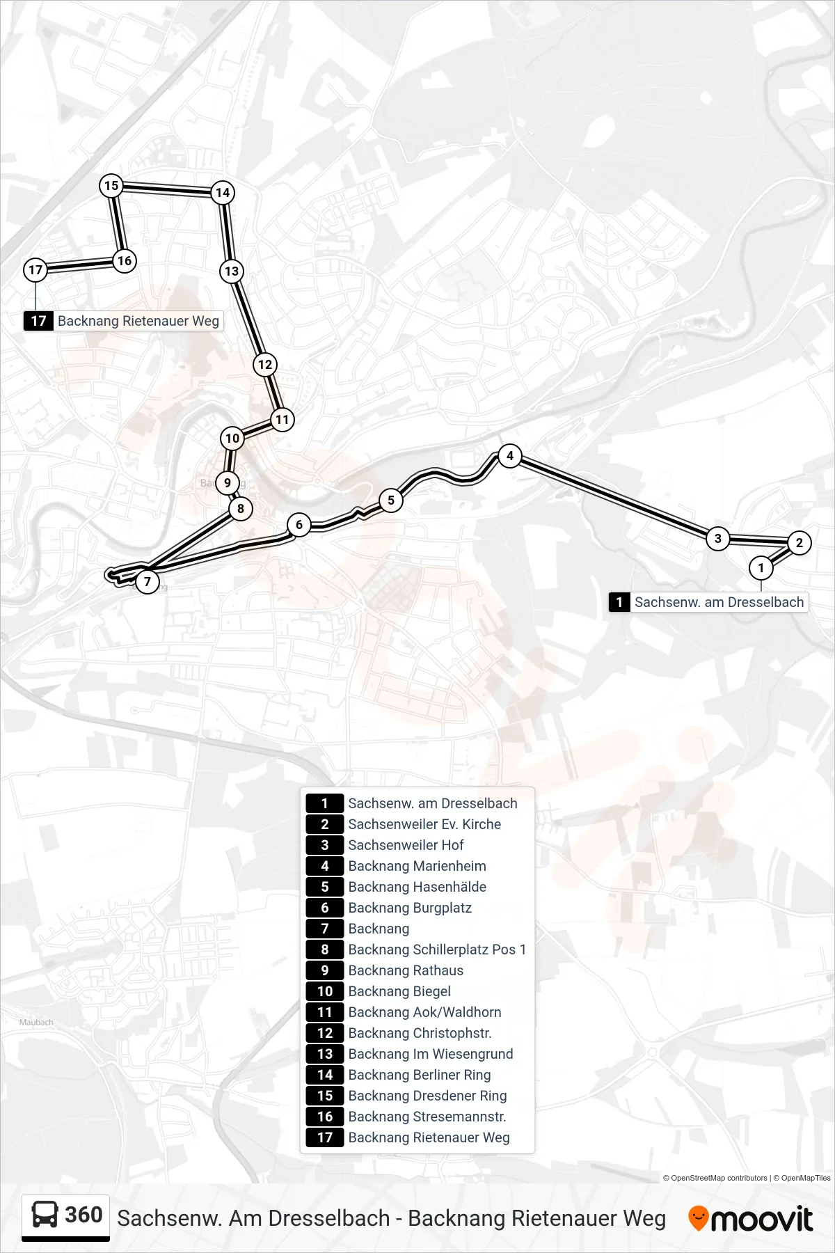 Linie 360 (Bus) Richtung Backnang Rietenauer Weg: Route und Haltestellen auf der Karte