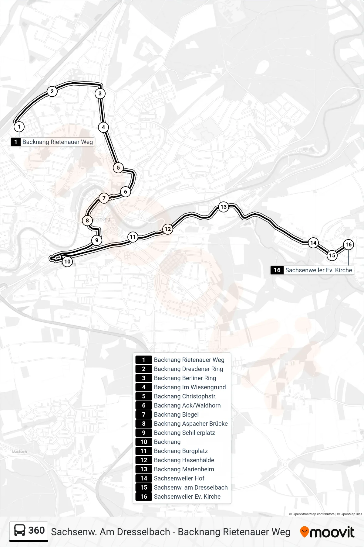 360 bus Line (Sachsenweiler Ev. Kirche) route and stops on a map
