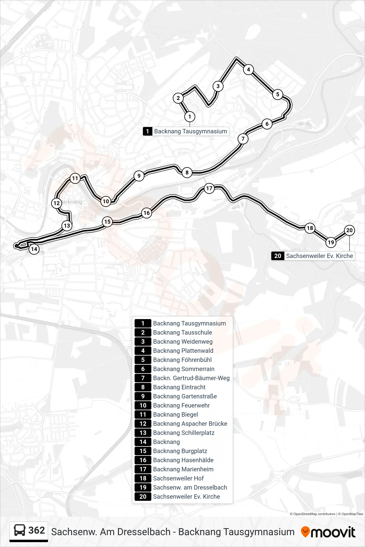 362 bus Line (Sachsenweiler Ev. Kirche) route and stops on a map