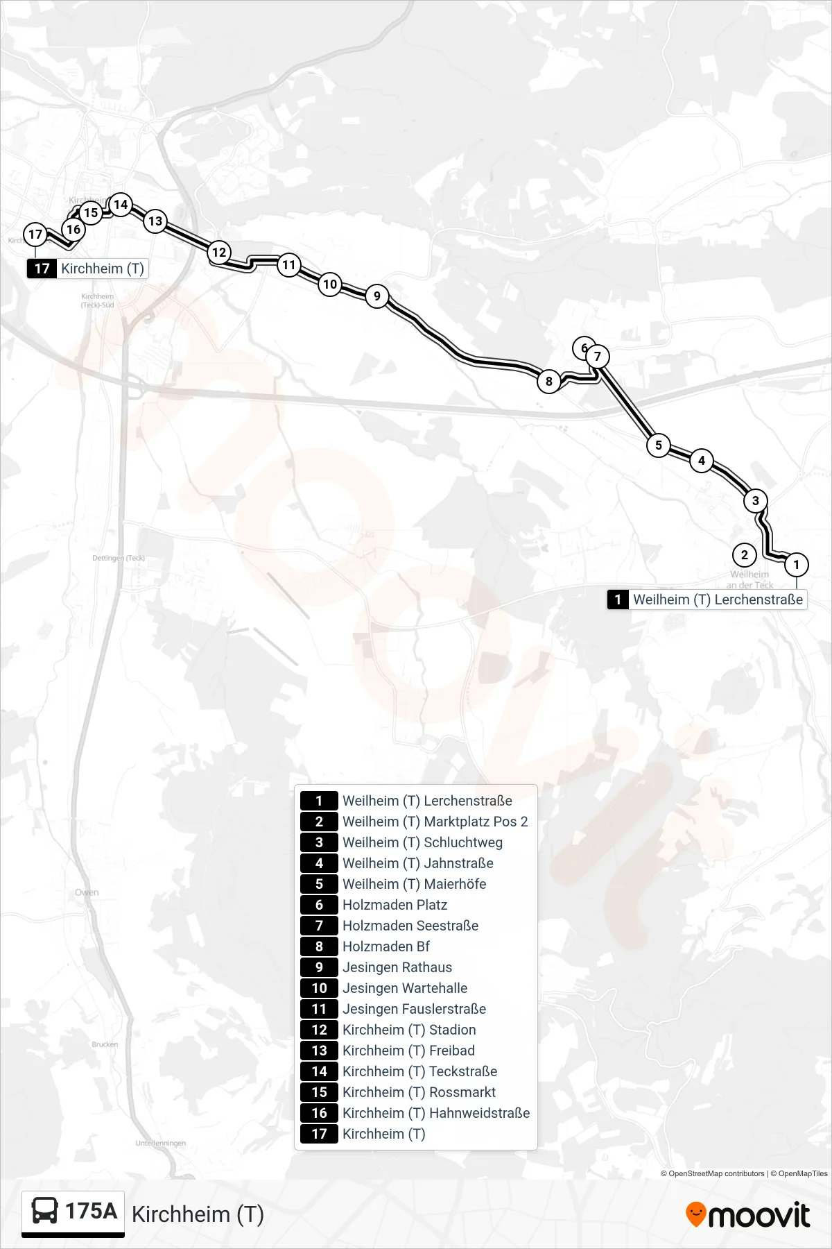 Linie 175A (Bus) Richtung Kirchheim (T): Route und Haltestellen auf der Karte