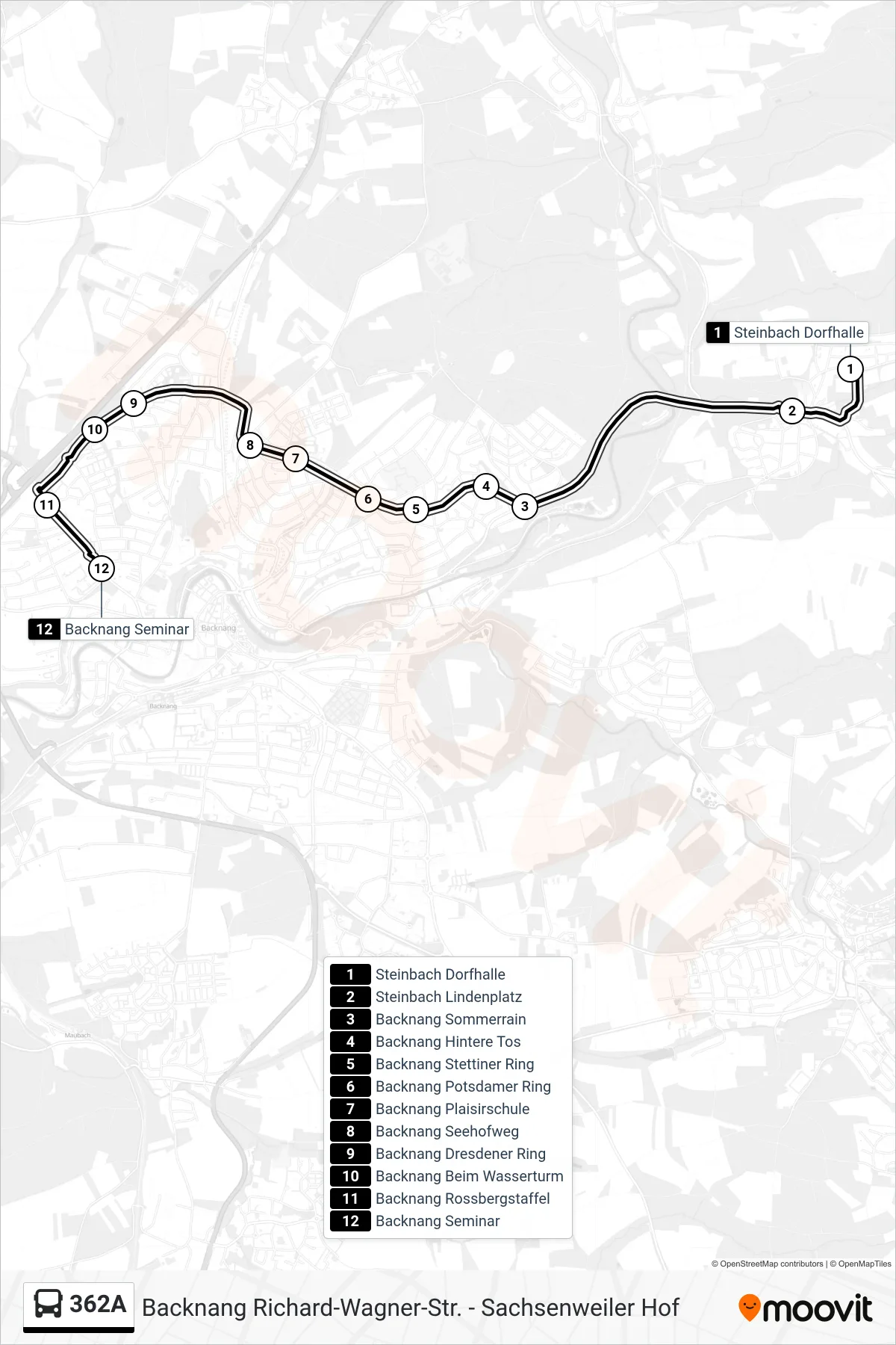 362A bus Line (Backnang Seminar) route and stops on a map