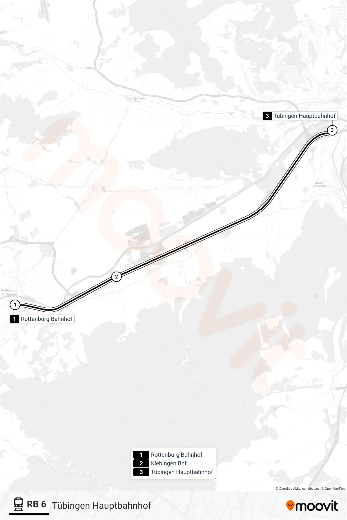 RB 6 train Line (Tübingen Hauptbahnhof) route and stops on a map