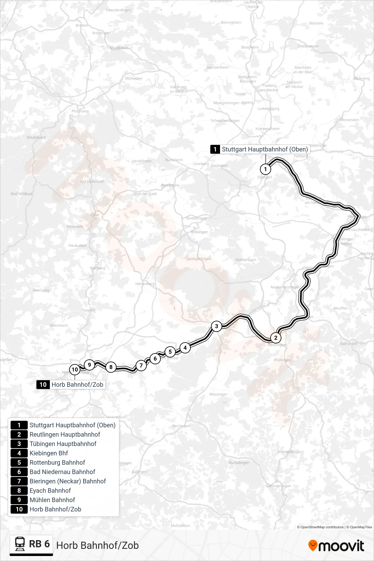 RB 6 rail Line (Horb Bahnhof/Zob) route and stops on a map
