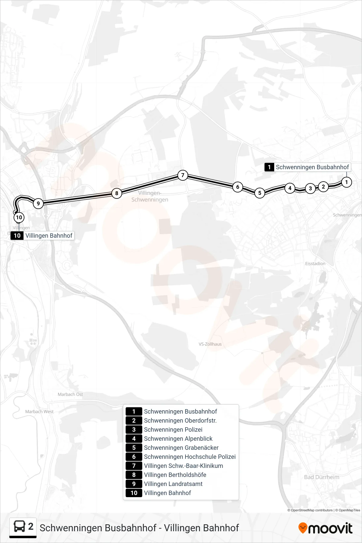 2 bus Line (Villingen Bahnhof) route and stops on a map