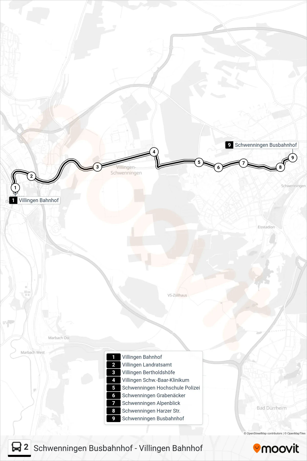 Linie 2 (Bus) Richtung Schwenningen Busbahnhof: Route und Haltestellen auf der Karte