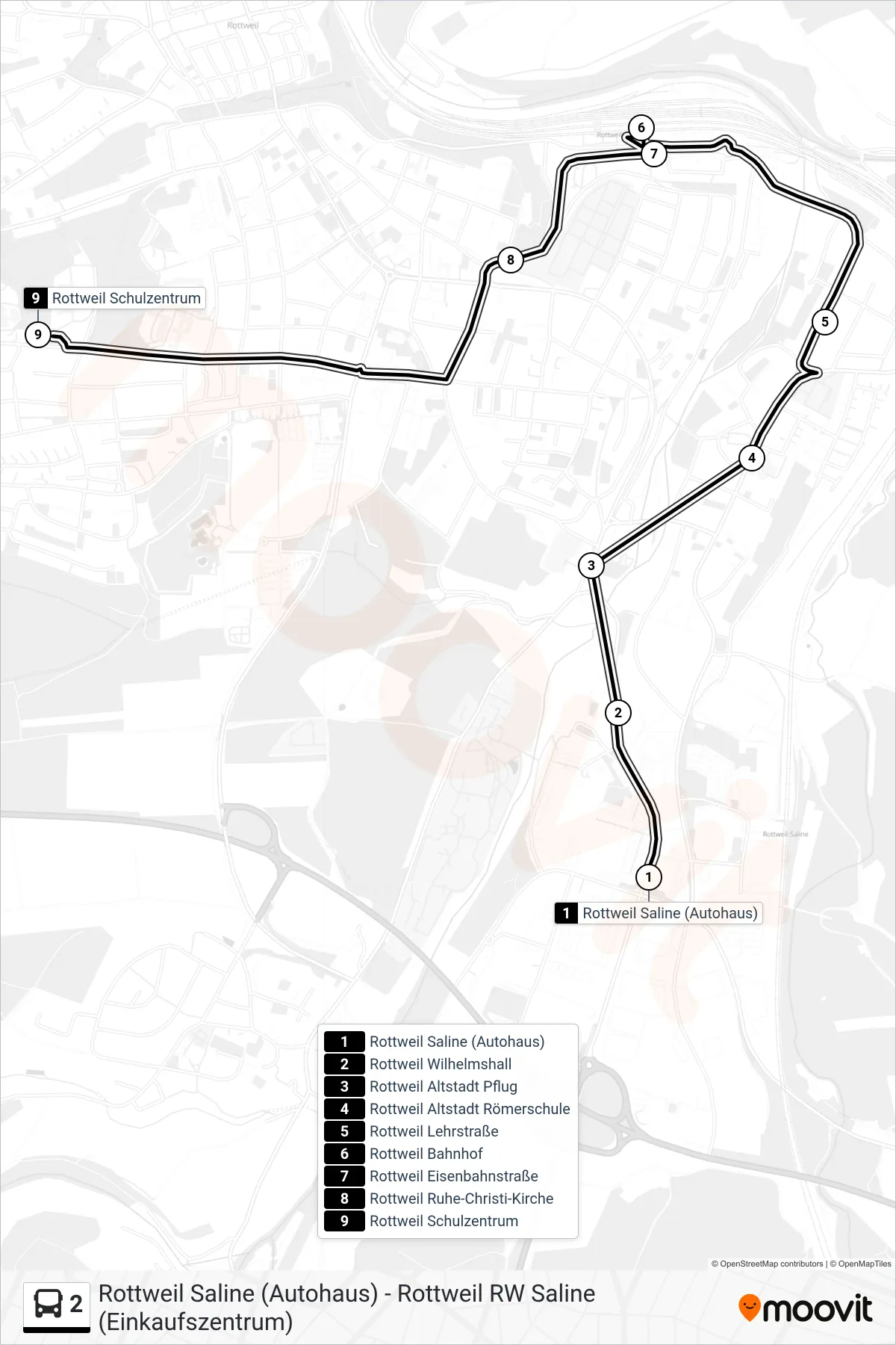 Linie 2 (Bus) Richtung Rottweil Schulzentrum: Route und Haltestellen auf der Karte