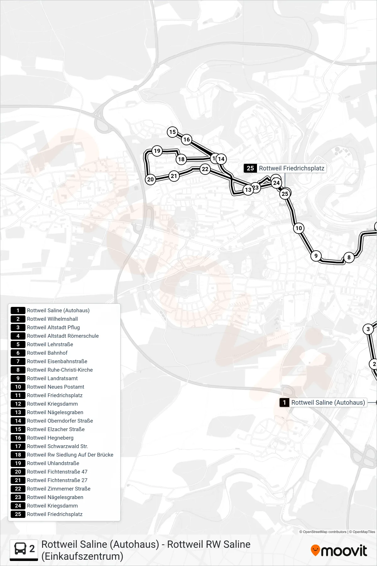 2 bus Line (Rottweil Friedrichsplatz) route and stops on a map