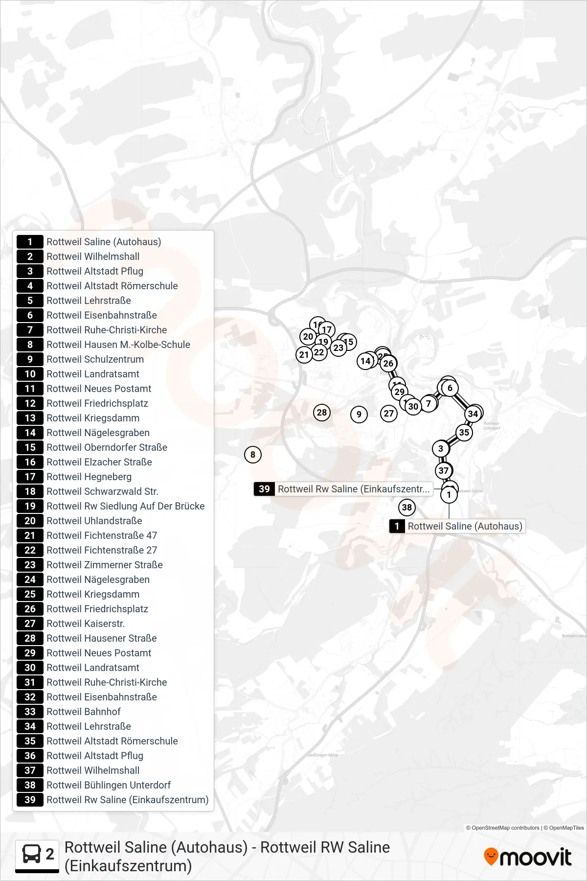 2 bus Line (Rottweil Rw Saline (Einkaufszentrum)) route and stops on a map