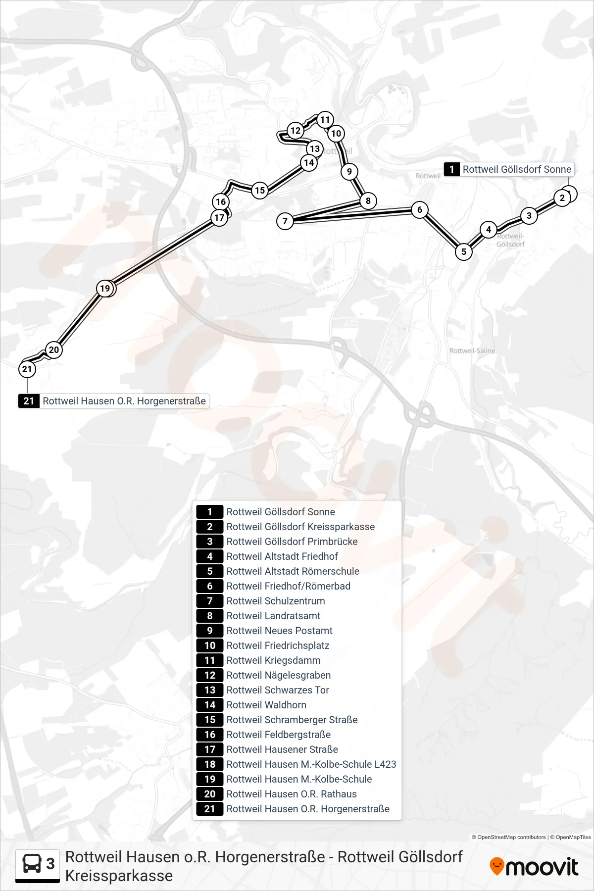 3 bus Line (Rottweil Hausen O.R. Horgenerstraße) route and stops on a map