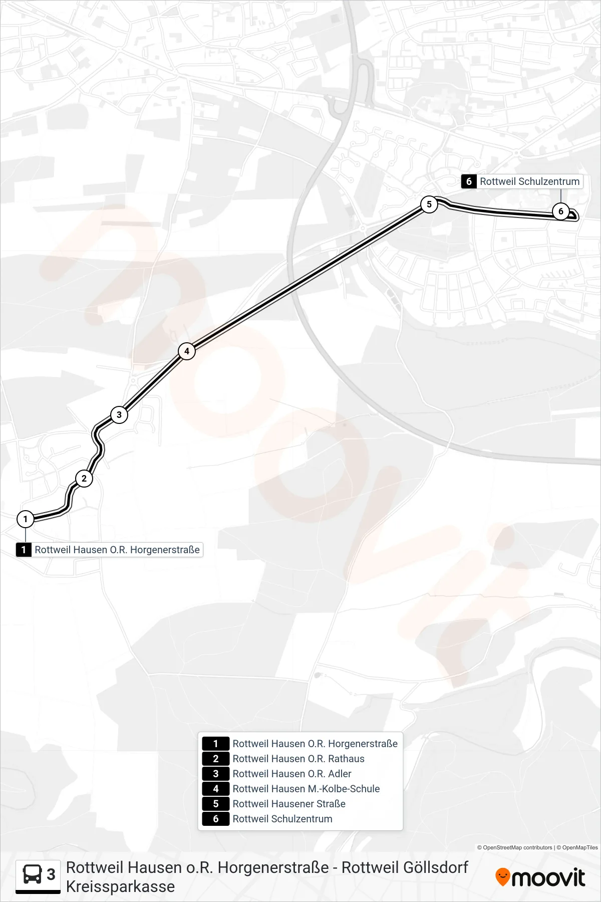3 bus Line (Rottweil Schulzentrum) route and stops on a map
