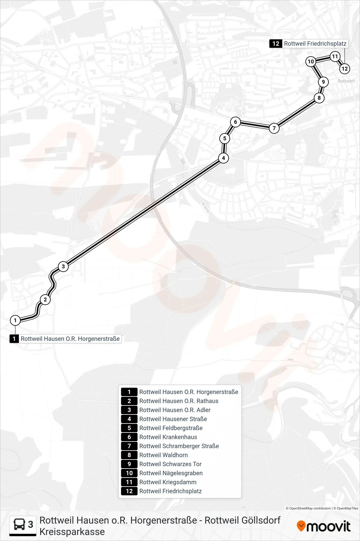 3 bus Line (Rottweil Friedrichsplatz) route and stops on a map