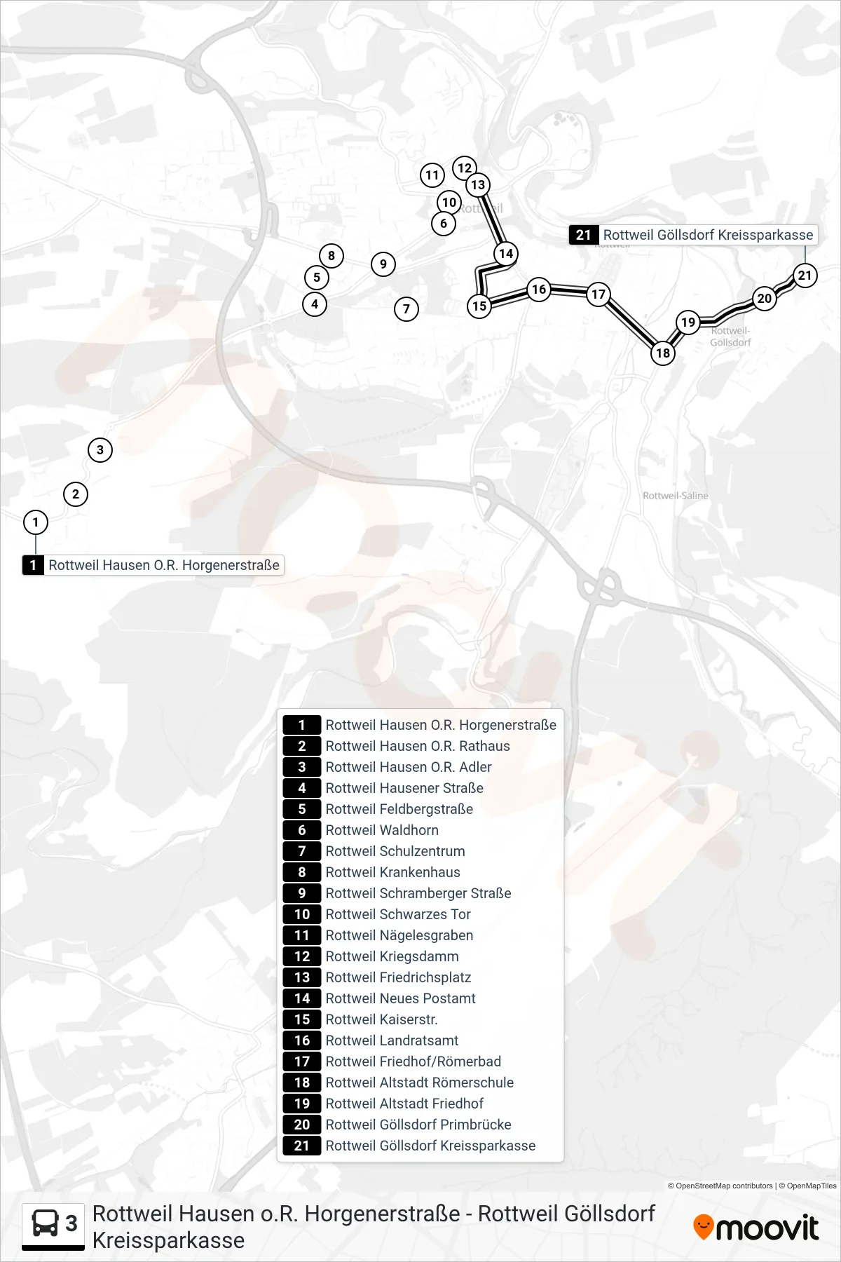 Linie 3 (Bus) Richtung Rottweil Göllsdorf Kreissparkasse: Route und Haltestellen auf der Karte