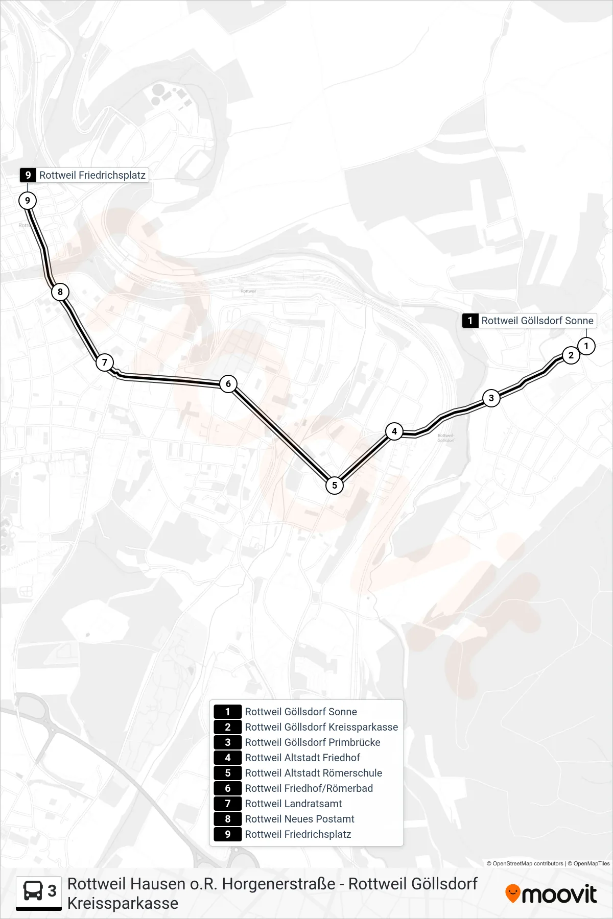 3 bus Line (Rottweil Friedrichsplatz) route and stops on a map