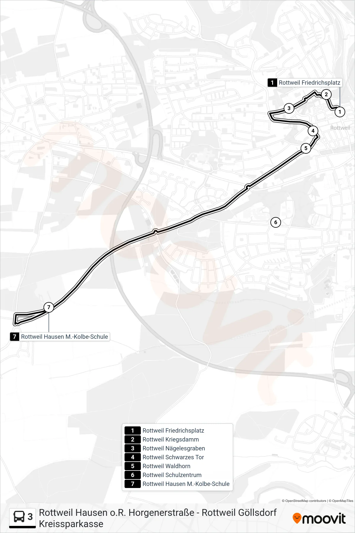 3 bus Line (Rottweil Hausen M.-Kolbe-Schule) route and stops on a map