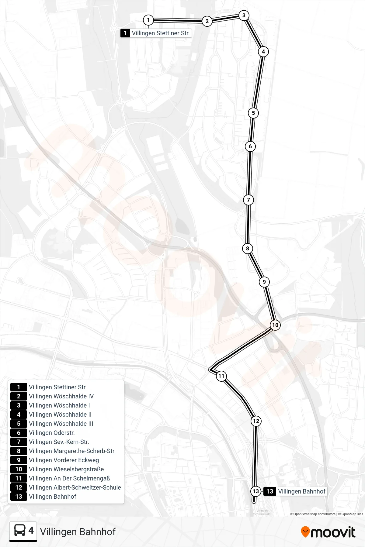 Linie 4 (Bus) Richtung Villingen Bahnhof: Route und Haltestellen auf der Karte