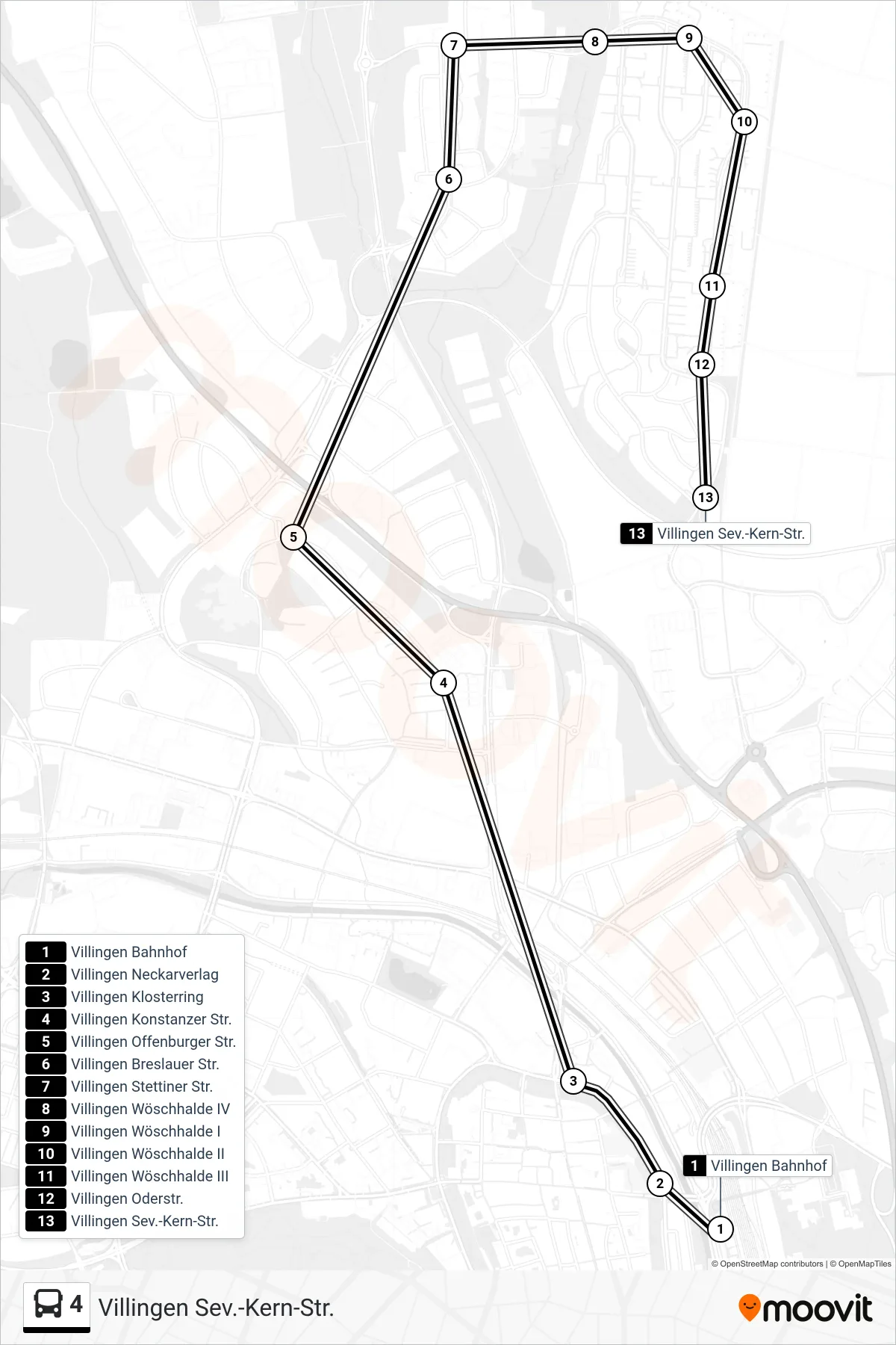 4 bus Line (Villingen Sev.-Kern-Str.) route and stops on a map