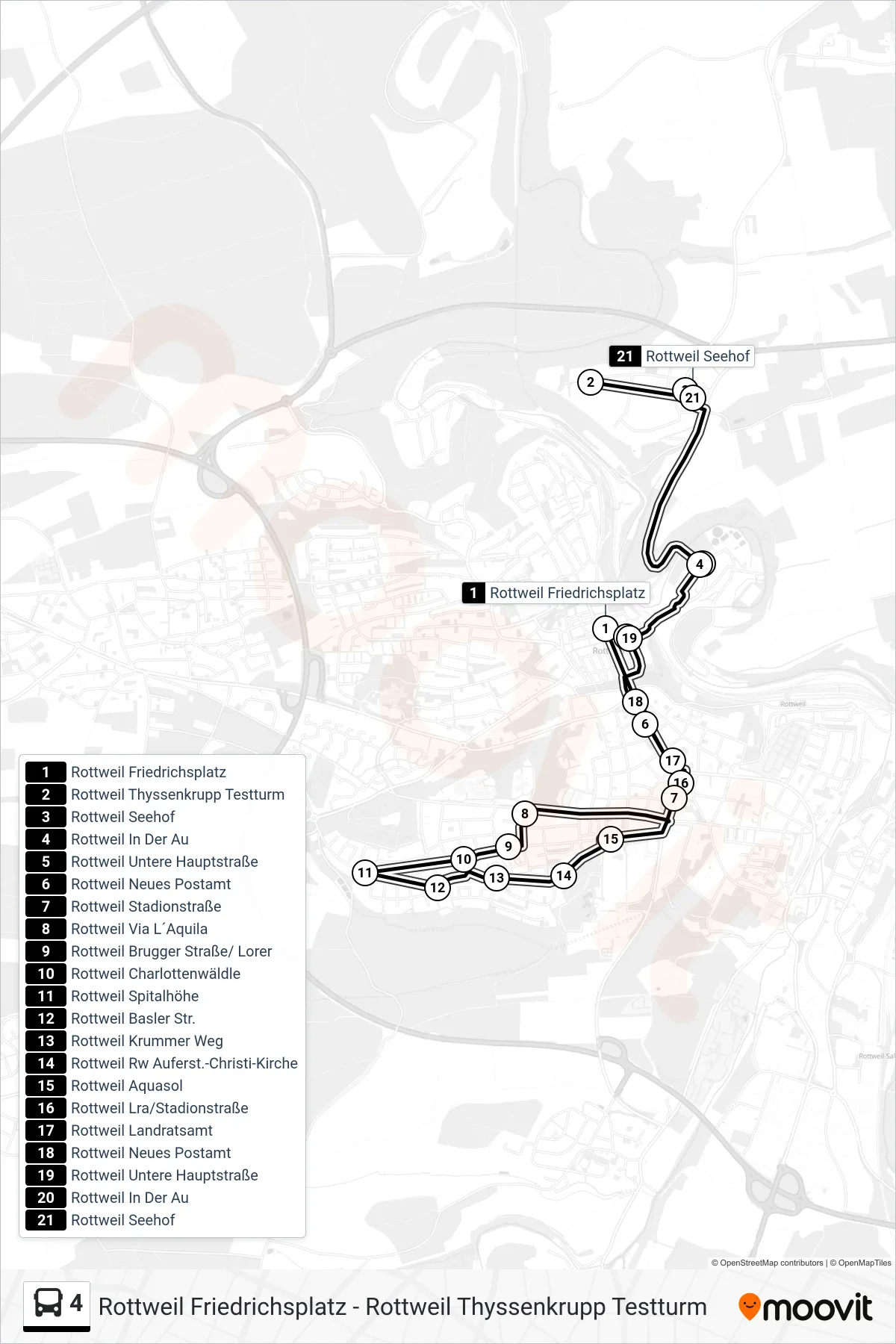 4 bus Line (Rottweil Thyssenkrupp Testturm) route and stops on a map