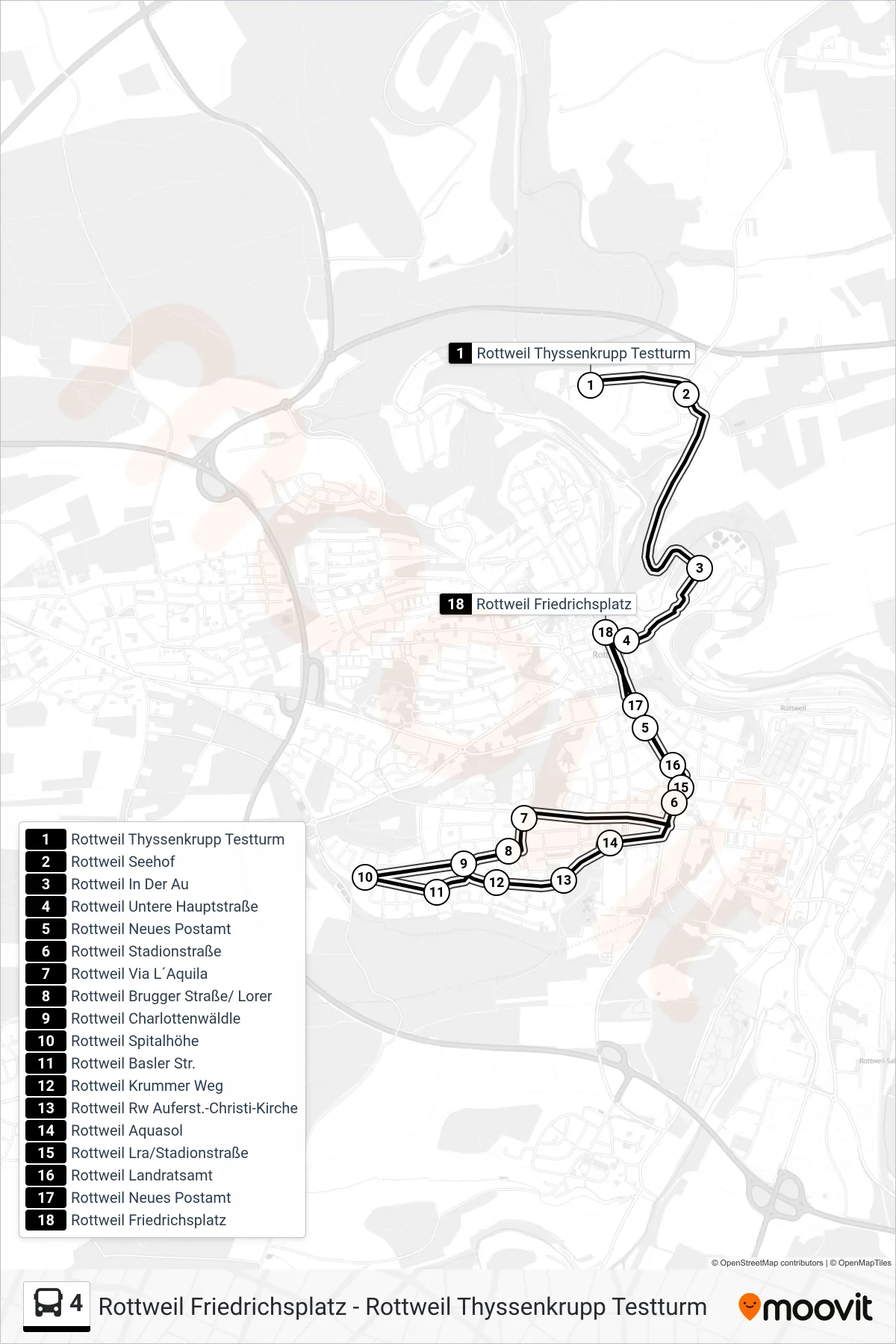 4 bus Line (Rottweil Friedrichsplatz) route and stops on a map