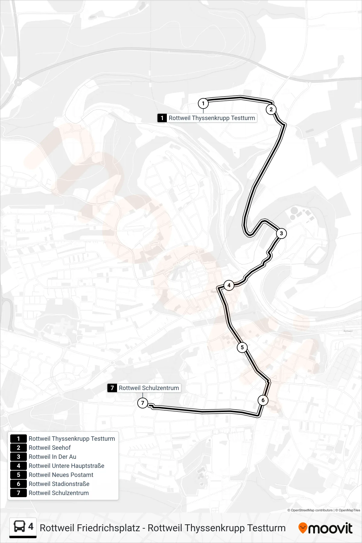Linie 4 (Bus) Richtung Rottweil Schulzentrum: Route und Haltestellen auf der Karte