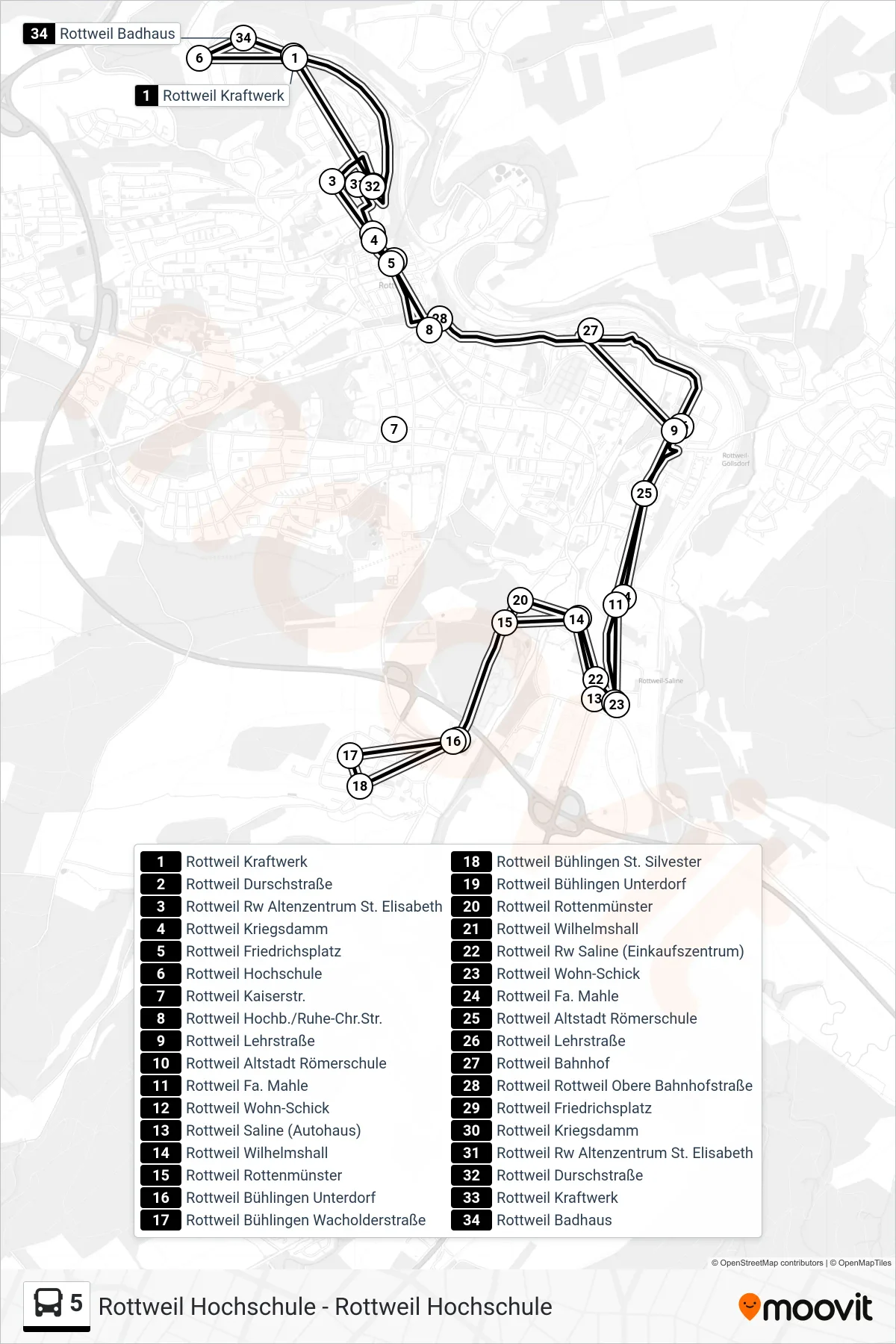 5 bus Line (Rottweil Hochschule) route and stops on a map