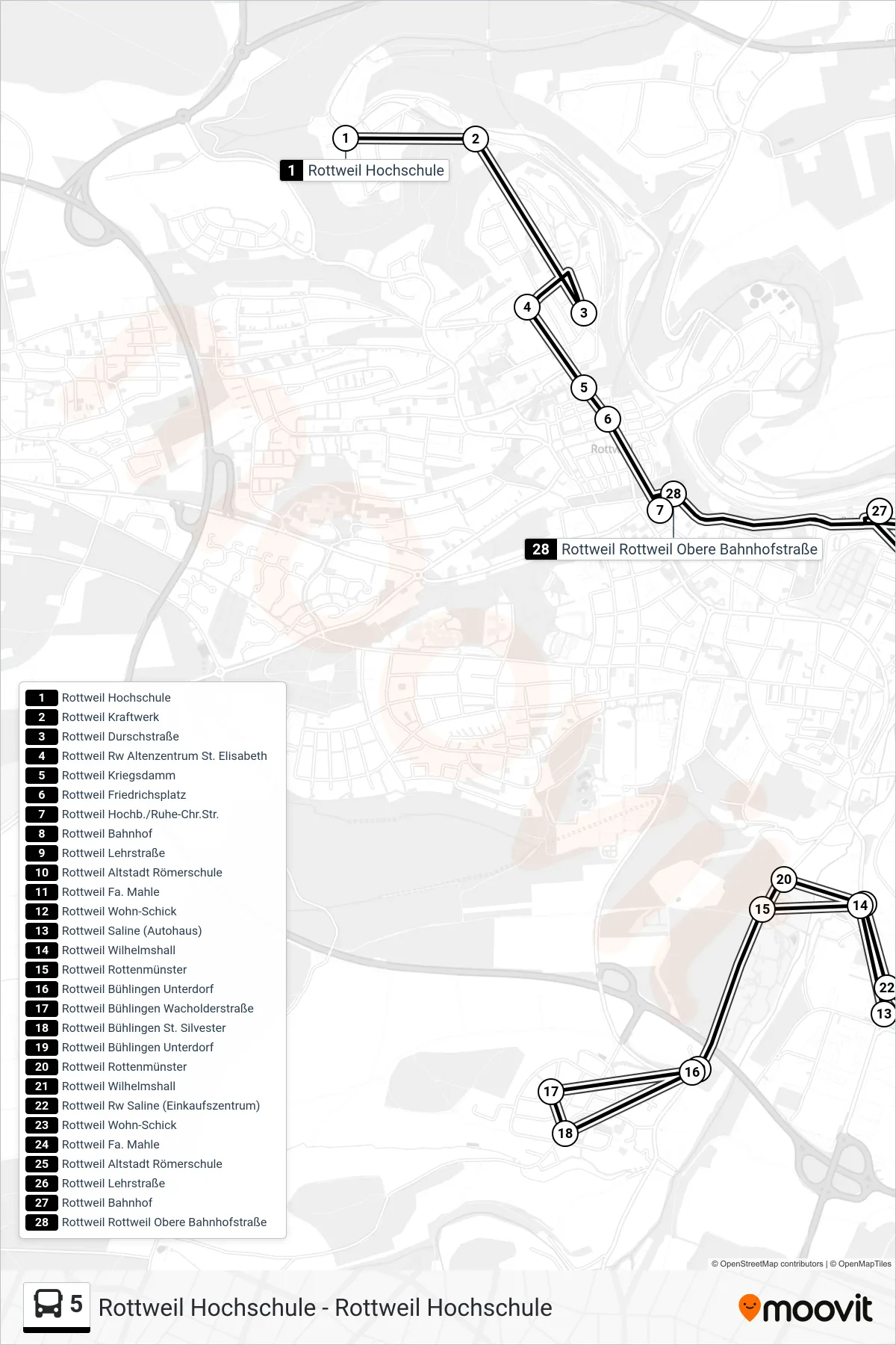 Linie 5 (Bus) Richtung Rottweil Rottweil Obere Bahnhofstraße: Route und Haltestellen auf der Karte