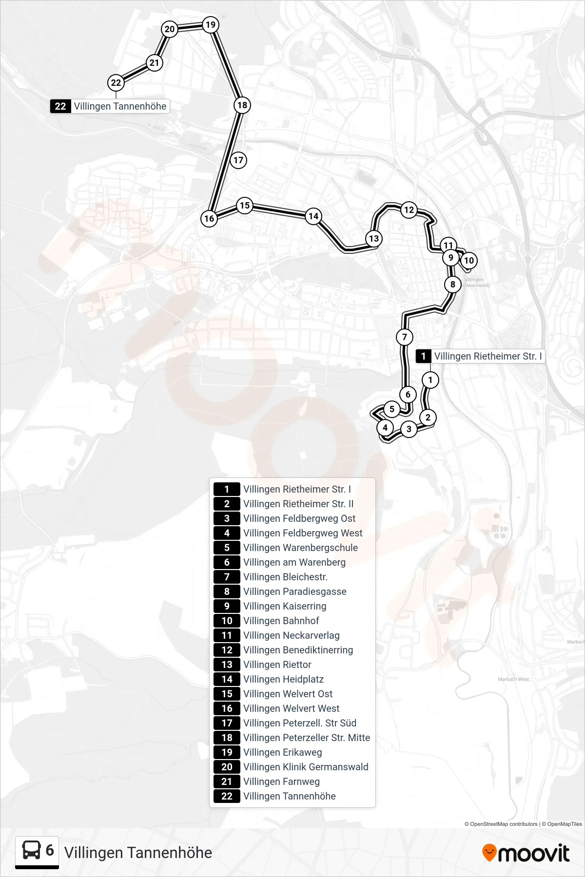 6 bus Line (Villingen Tannenhöhe) route and stops on a map