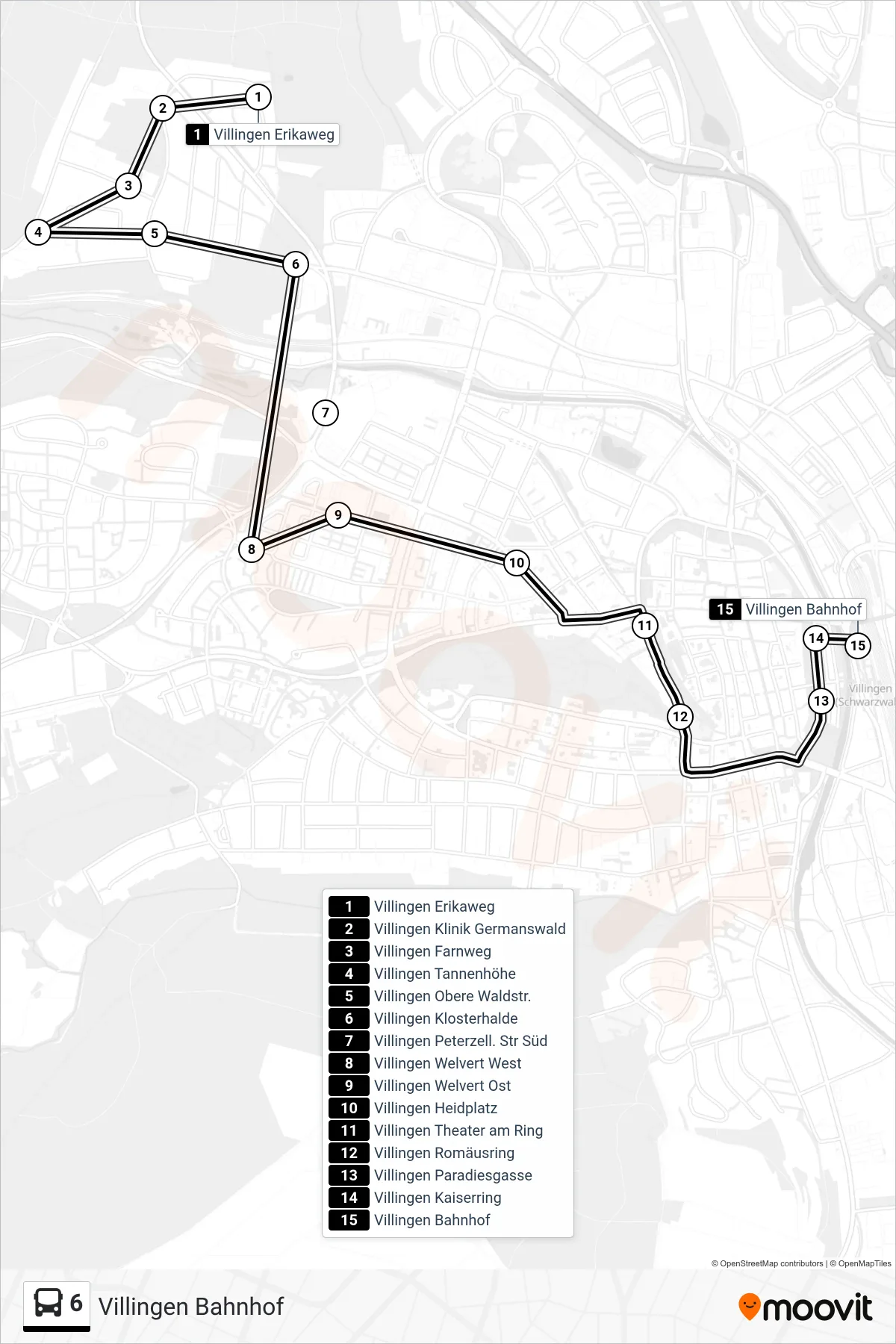 6 bus Line (Villingen Bahnhof) route and stops on a map