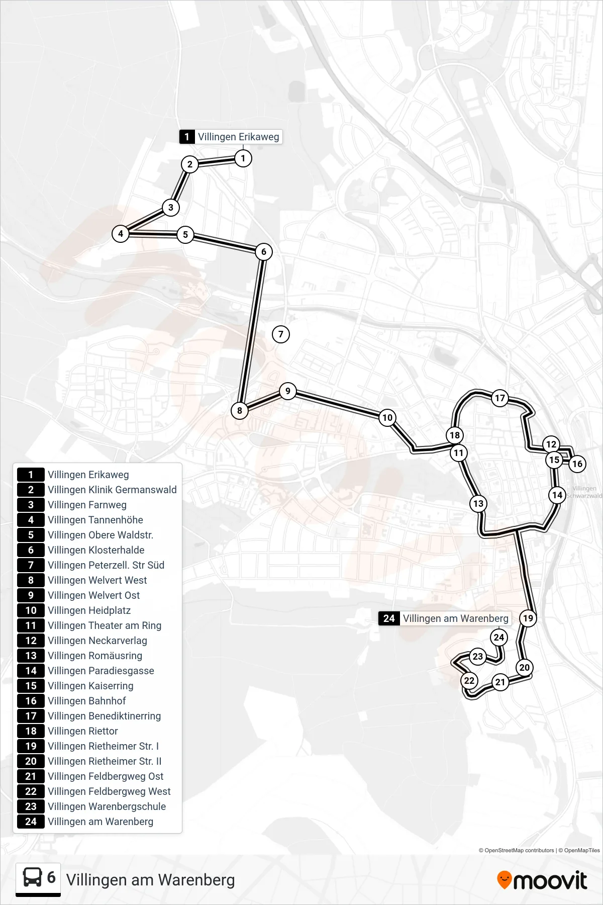 6 bus Line (Villingen am Warenberg) route and stops on a map