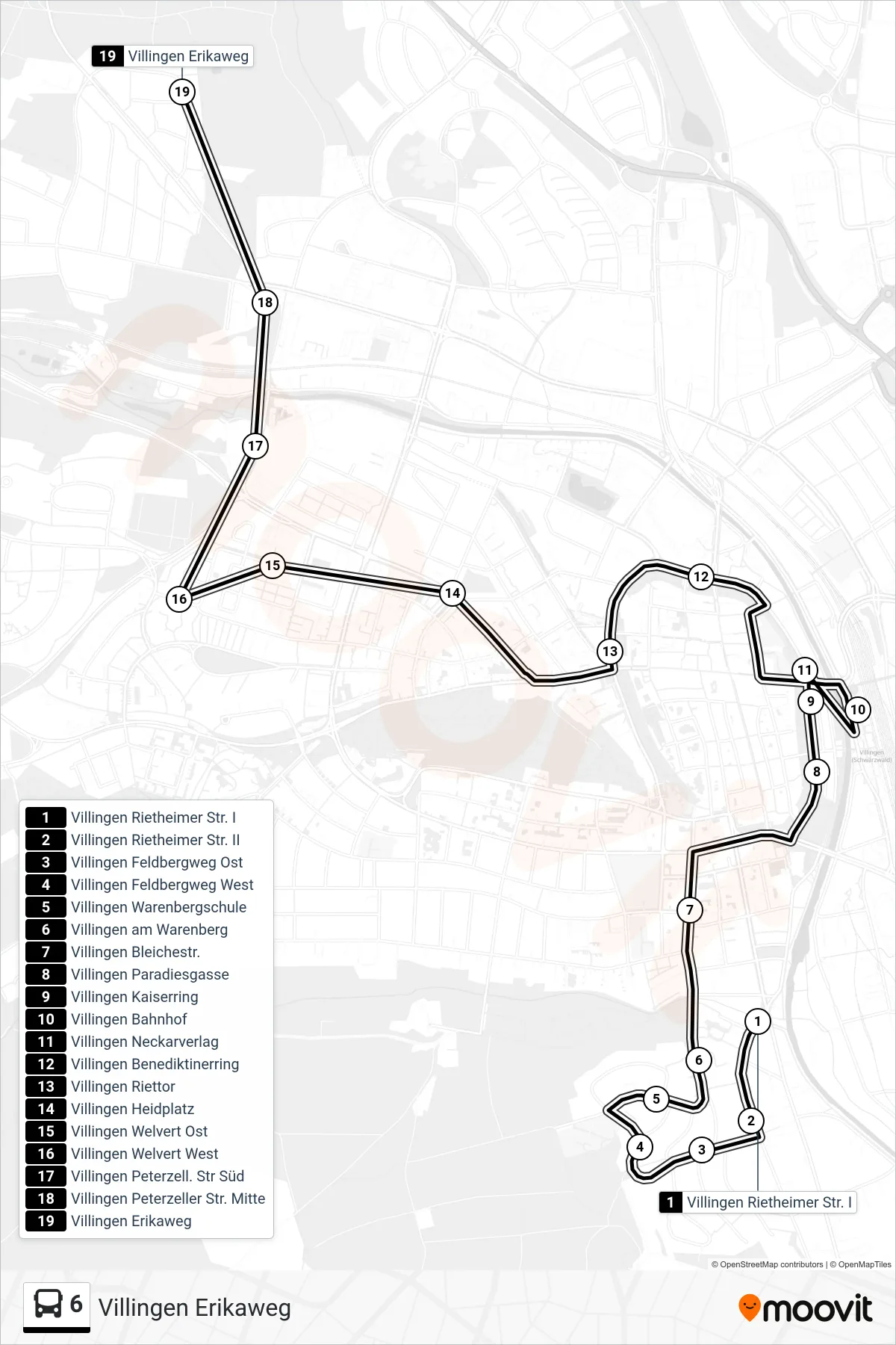Linie 6 (Bus) Richtung Villingen Erikaweg: Route und Haltestellen auf der Karte