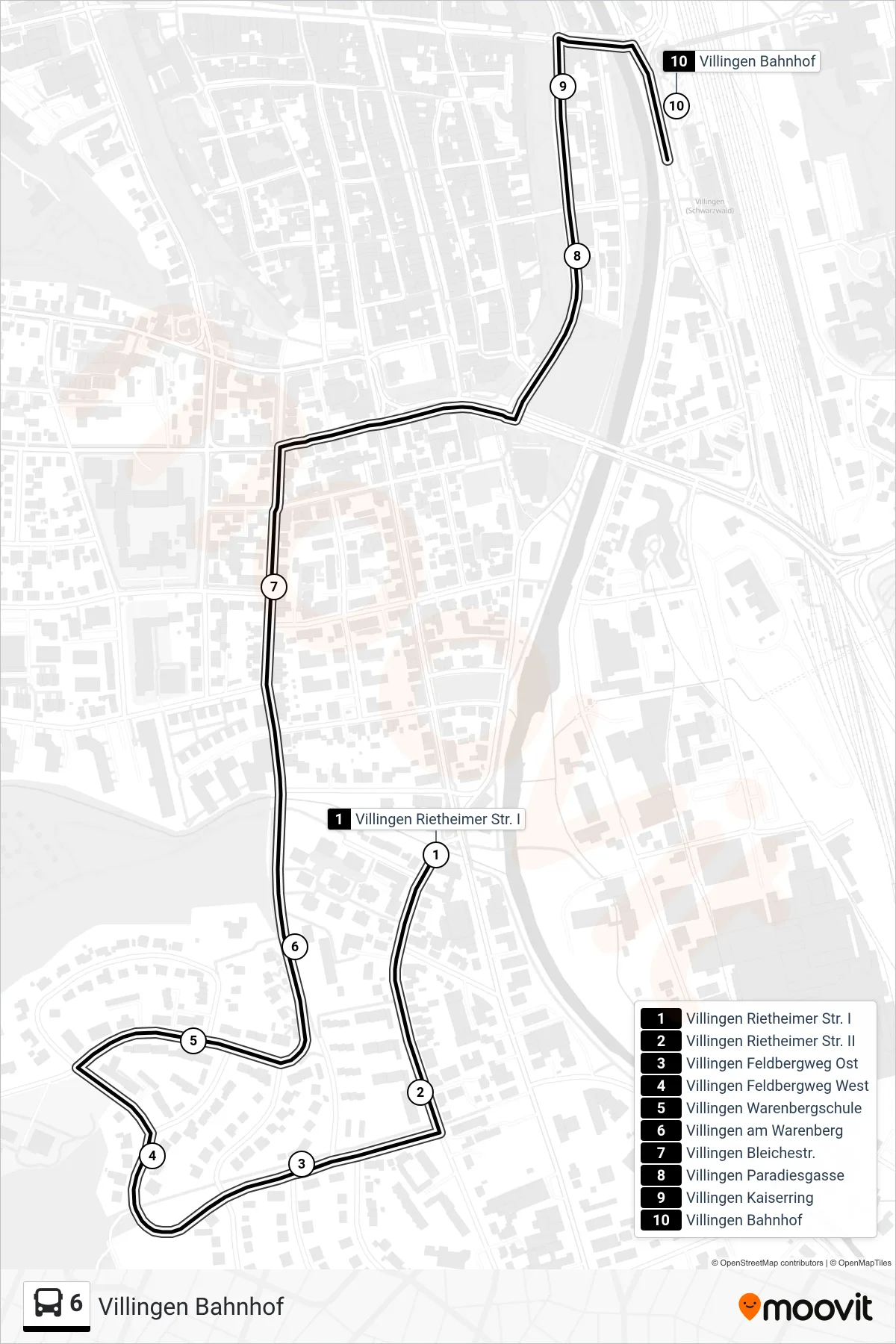 6 bus Line (Villingen Bahnhof) route and stops on a map