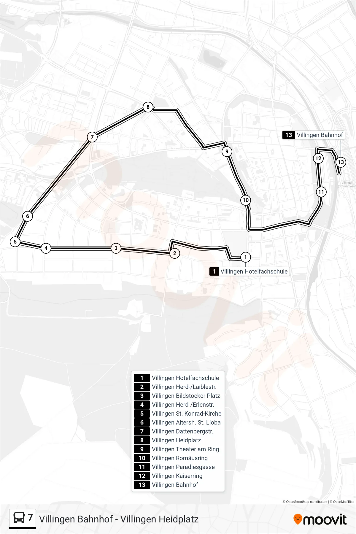 7 bus Line (Villingen Bahnhof) route and stops on a map