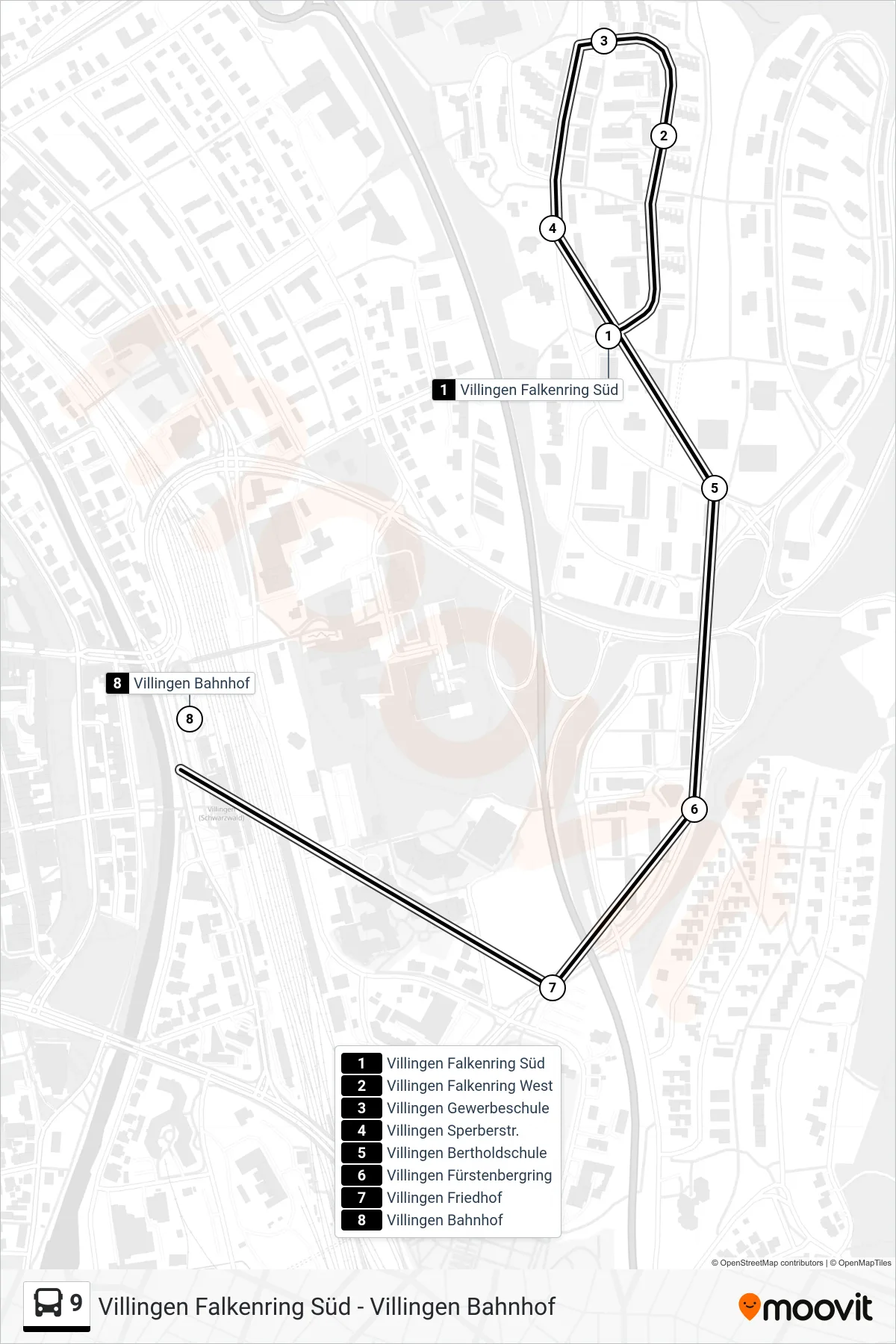 Linie 9 (Bus) Richtung Villingen Bahnhof: Route und Haltestellen auf der Karte