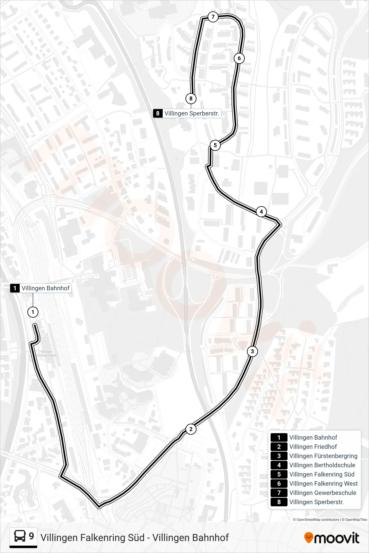 9 bus Line (Villingen Sperberstr.) route and stops on a map