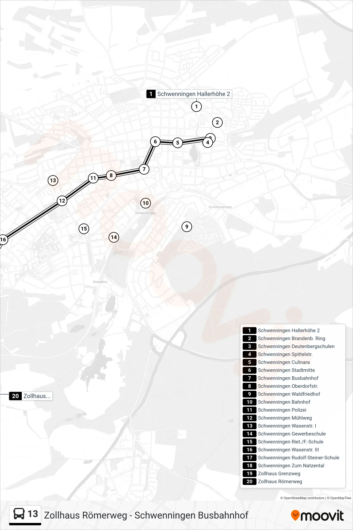 13 bus Line (Zollhaus Römerweg) route and stops on a map