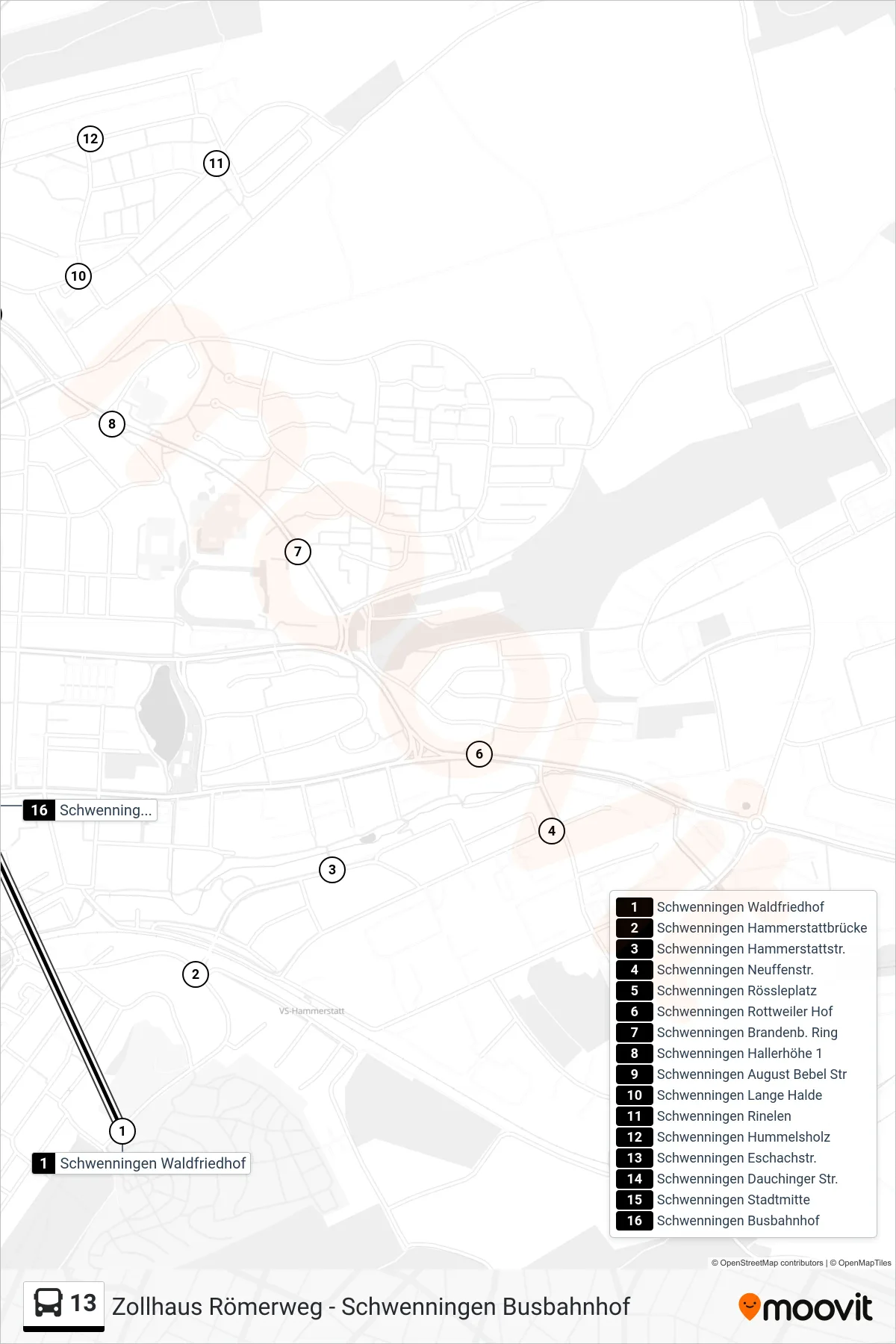 13 bus Line (Schwenningen Busbahnhof) route and stops on a map