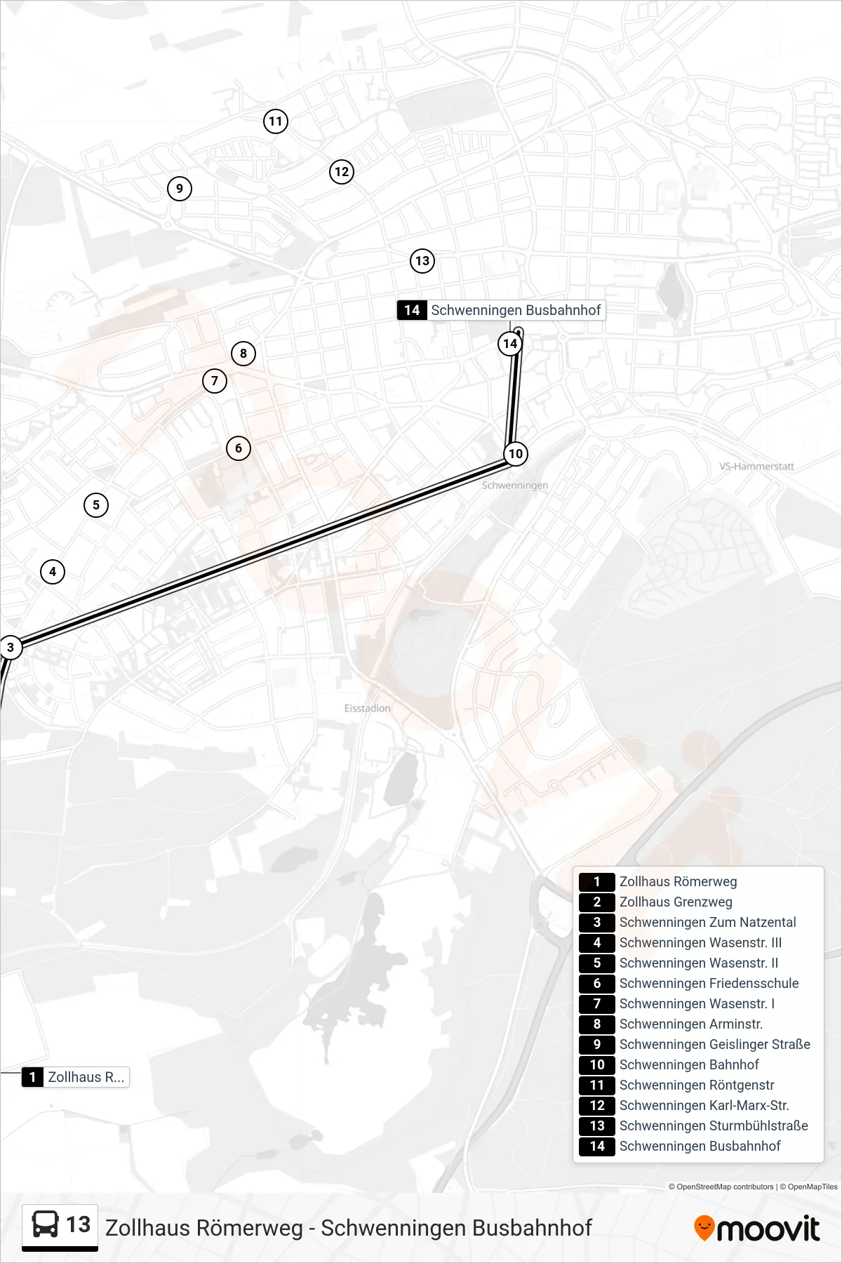 13 bus Line (Schwenningen Busbahnhof) route and stops on a map