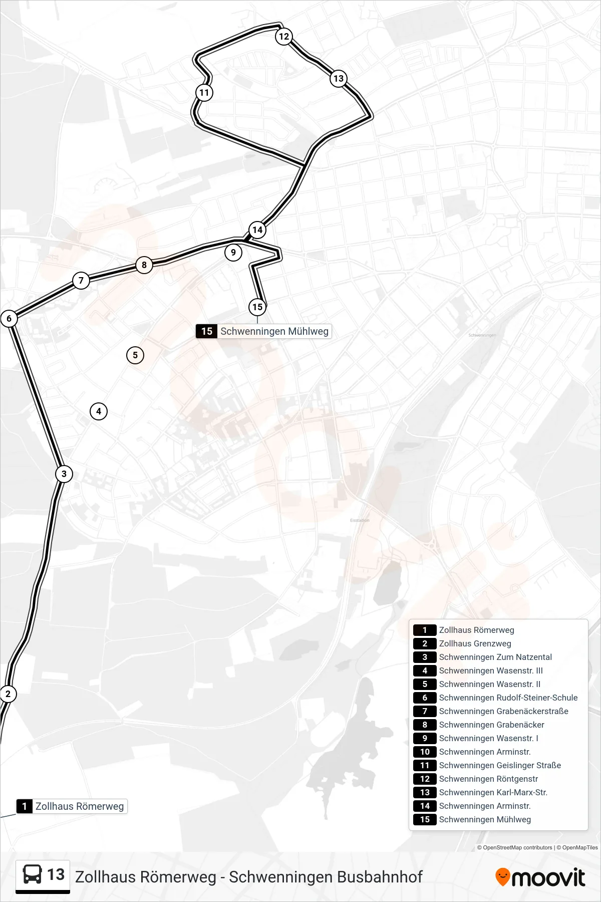 13 bus Line (Schwenningen Mühlweg) route and stops on a map