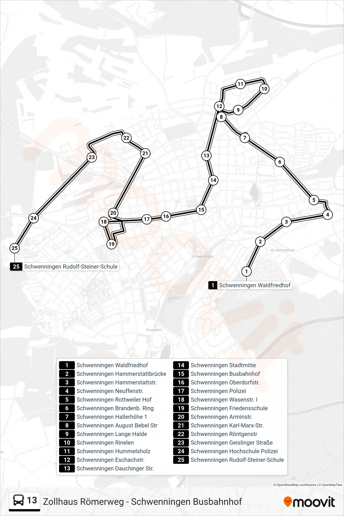 13 bus Line (Schwenningen Rudolf-Steiner-Schule) route and stops on a map